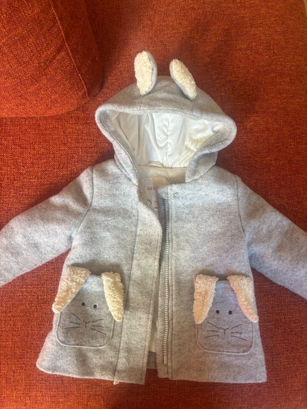 Cat & Jack Gray Hooded Winter Peacoat Rabbit Character 18M